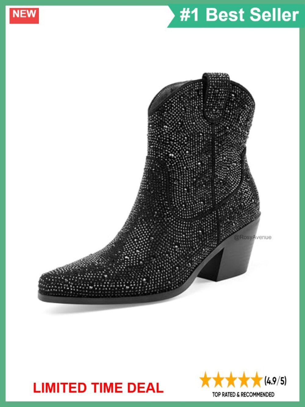 Sparkly Glitter Rhinestone Cowboy Ankle Boots Western Pointed Toe Low Block